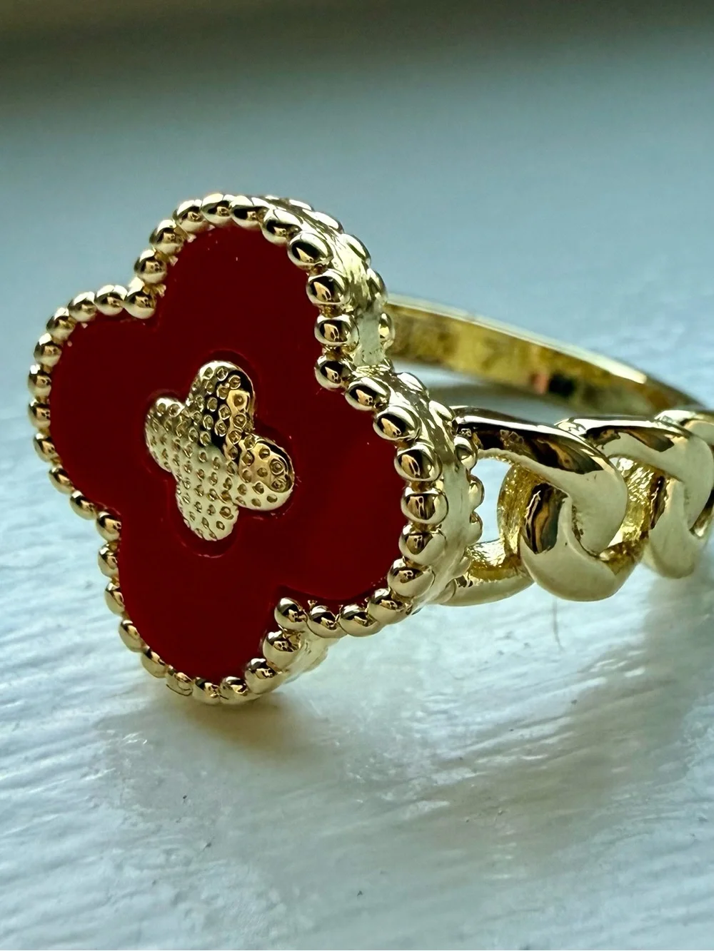 NEW! 18k Yellow Gold Plated Red Clover Ring